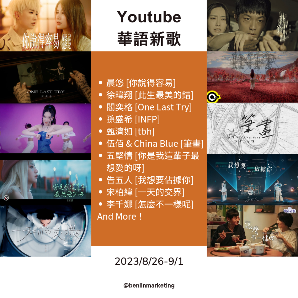 2023/8/26~9/1 Youtube華語新歌