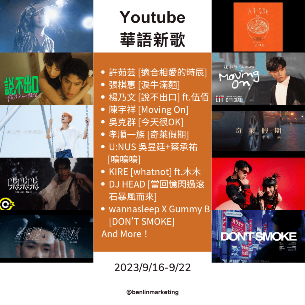 2023/9/16~9/22 Youtube華語新歌