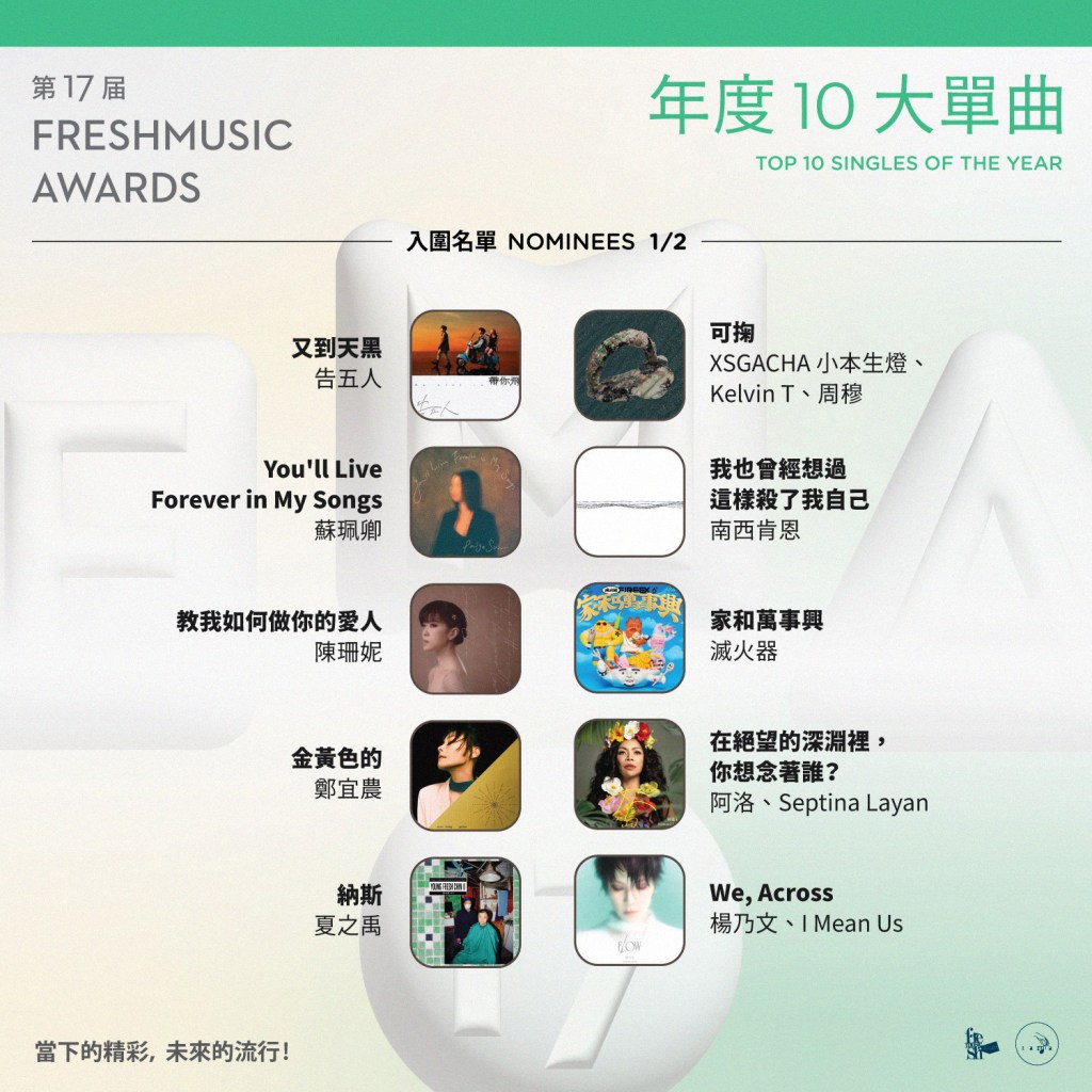 第17屆Freshmusic Awards「年度10大單曲」入圍名單 (圖片提供:FMA提供)