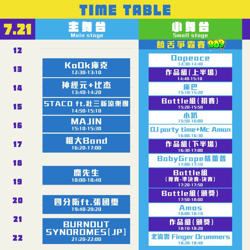 「喔北搖音樂節」7/21演出時間表 (圖片提供:臺北流行音樂中心) 