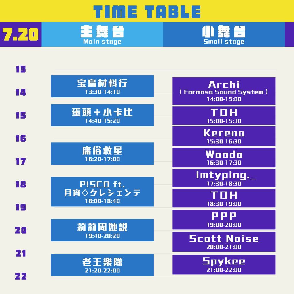 「喔北搖音樂節」7/20演出時間表 (圖片提供:臺北流行音樂中心) 
